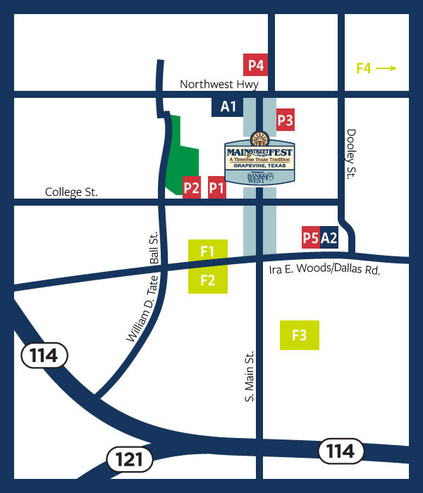 Map of parking options for Main Street Fest in Grapevine, Texas
